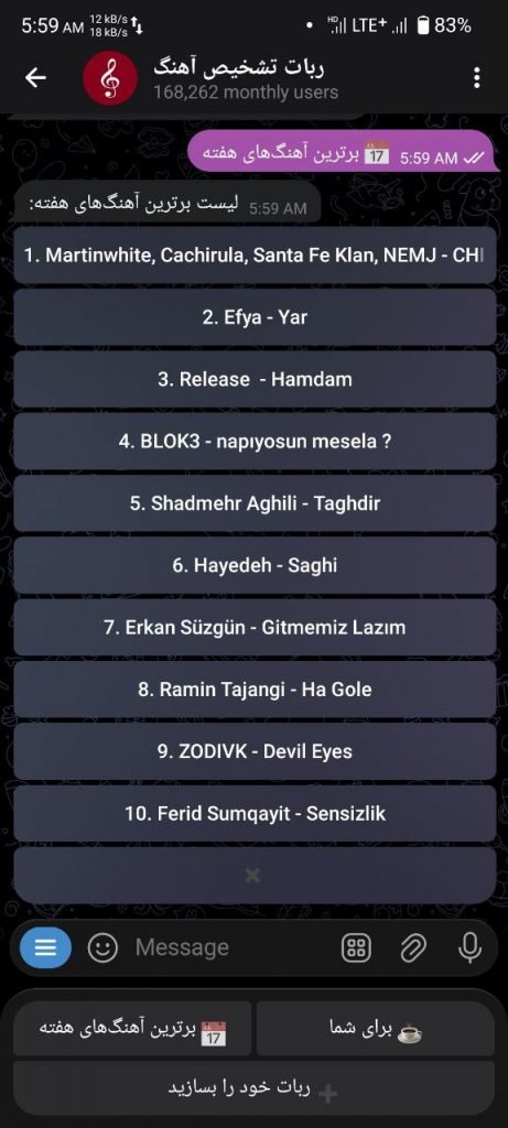 نشان دادن برترین آهنگ‌های هفته در ربات تشخیص آهنگ