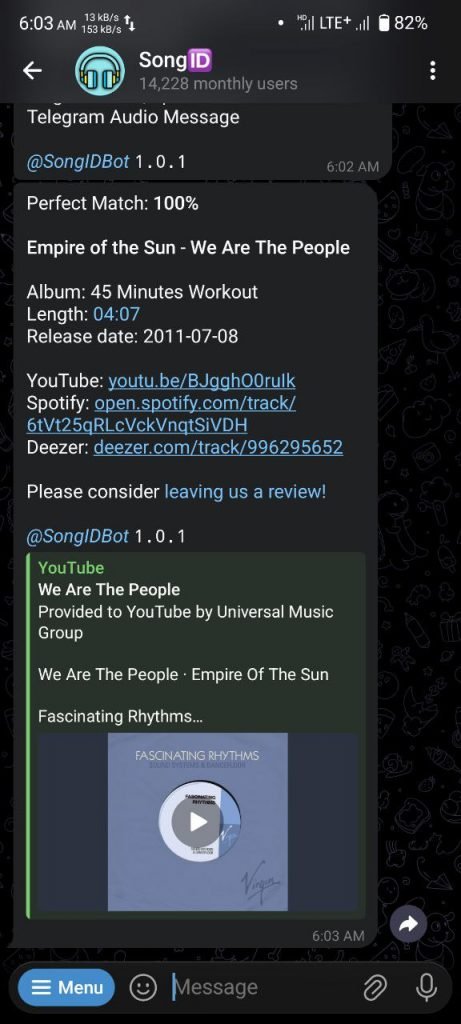 نشان دادن نتیجه کشفی صوتی ربات اهنگ یاب SongID