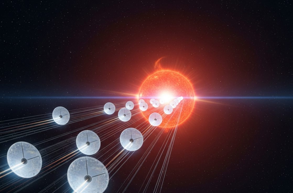 تصویرسازی از نانوفضاپیماها درحال گذر از کنار ستارهای سرخ