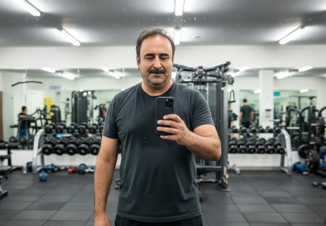 یک مرد در آسانسور در حال سلفی گرفتن