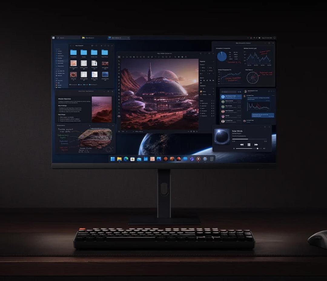 مانیتور شیائومی (Xiaomi) با نشان دادن محیط دسکتاپ و نمودارهای گرافیکی
