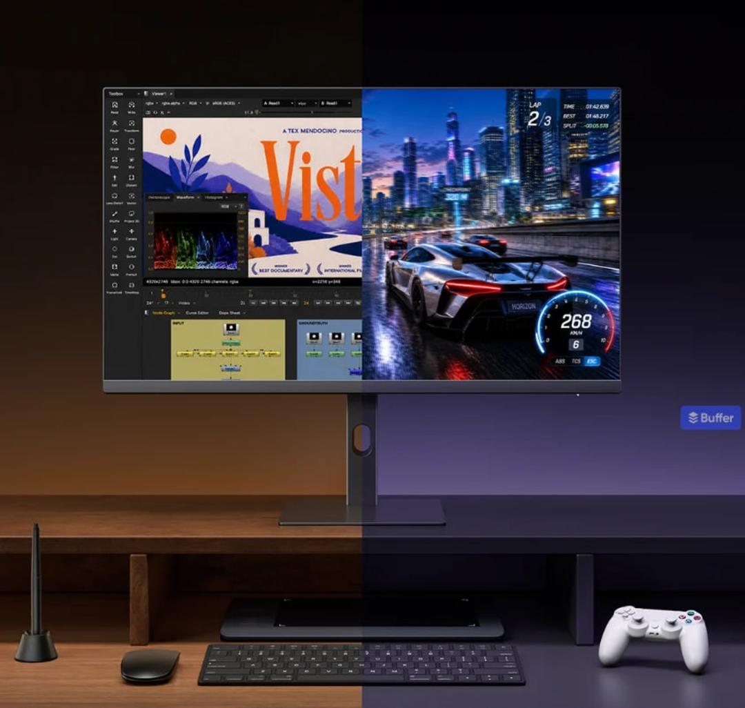 مانیتور شیائومی با نشان دادن همزمان محیط اصلاح ویدیو و بازی در رزولوشن 4K